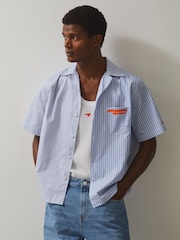 Reiss Soft Blue/White Bruce McLaren F1 Team Cuban Collar Striped Shirt - Image 1 of 6