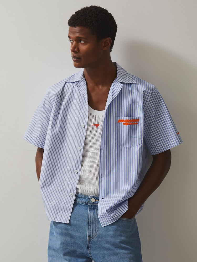 Reiss Soft Blue/White Bruce McLaren F1 Team Cuban Collar Striped Shirt - Image 1 of 6