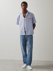 Reiss Soft Blue/White Bruce McLaren F1 Team Cuban Collar Striped Shirt - Image 4 of 6