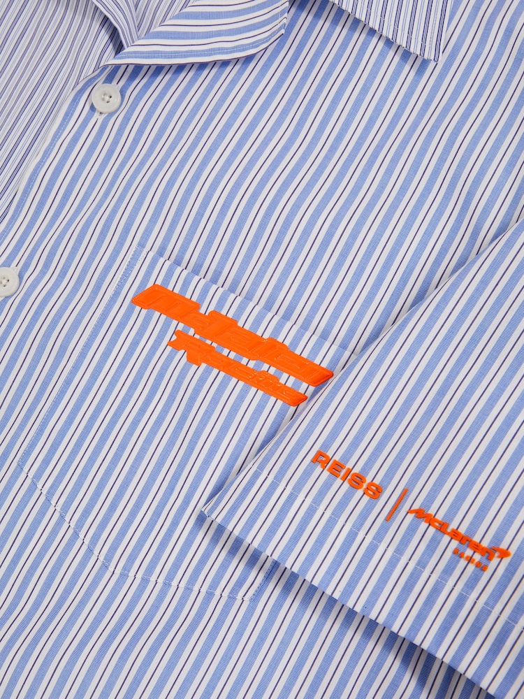 Reiss Soft Blue/White Bruce McLaren F1 Team Cuban Collar Striped Shirt - Image 6 of 6
