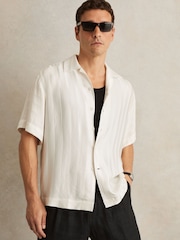 Reiss White Melba Jacquard Stripe Cuban Collar Shirt - Image 1 of 5
