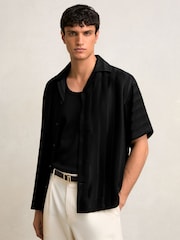 Reiss Black Melba Jacquard Stripe Cuban Collar Shirt - Image 1 of 7