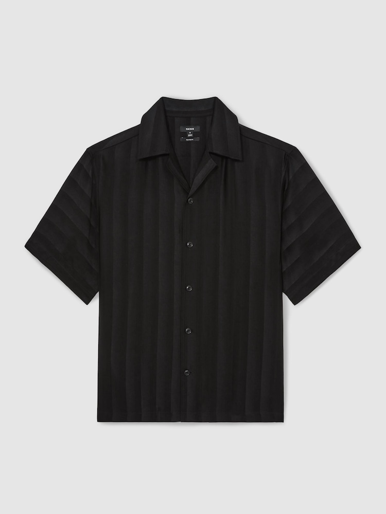 Reiss Black Melba Jacquard Stripe Cuban Collar Shirt - Image 2 of 7 Reiss Black Melba Jacquard Stripe Cuban Collar Shirt - Image 2 of 7