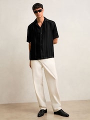 Reiss Black Melba Jacquard Stripe Cuban Collar Shirt - Image 3 of 7