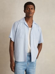 Reiss Soft Blue/White Thorpe Lyocell-Blend Stripe Twin-Pocket Shirt - Image 1 of 6