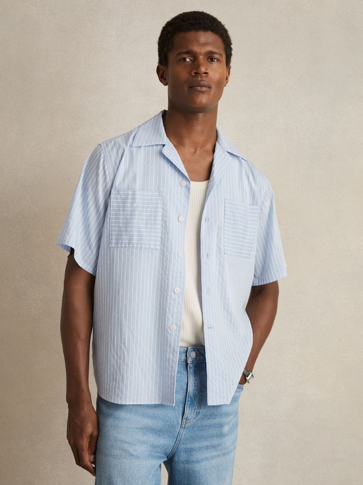 Reiss Soft Blue/White Thorpe Lyocell-Blend Stripe Twin-Pocket Shirt - Image 1 of 6