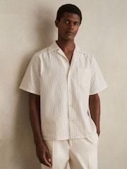 Reiss White/Taupe Brown Easton Cotton-Blend Seersucker Stripe Shirt - Image 1 of 6