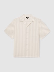 Reiss White/Taupe Brown Easton Cotton-Blend Seersucker Stripe Shirt - Image 2 of 6