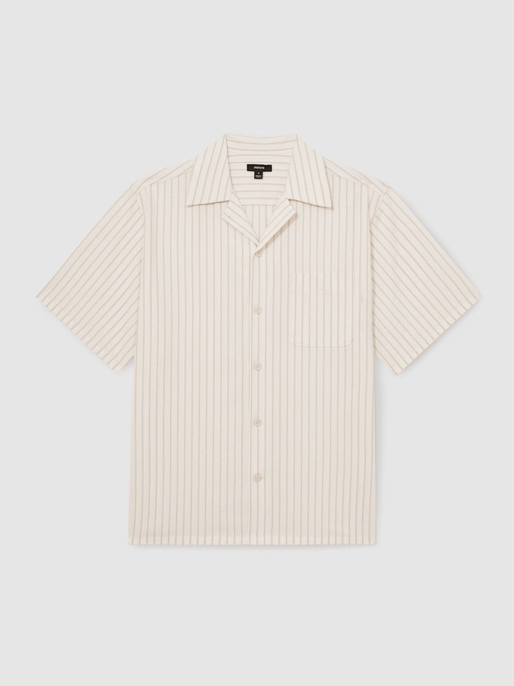 Reiss White/Taupe Brown Easton Cotton-Blend Seersucker Stripe Shirt - Image 2 of 6