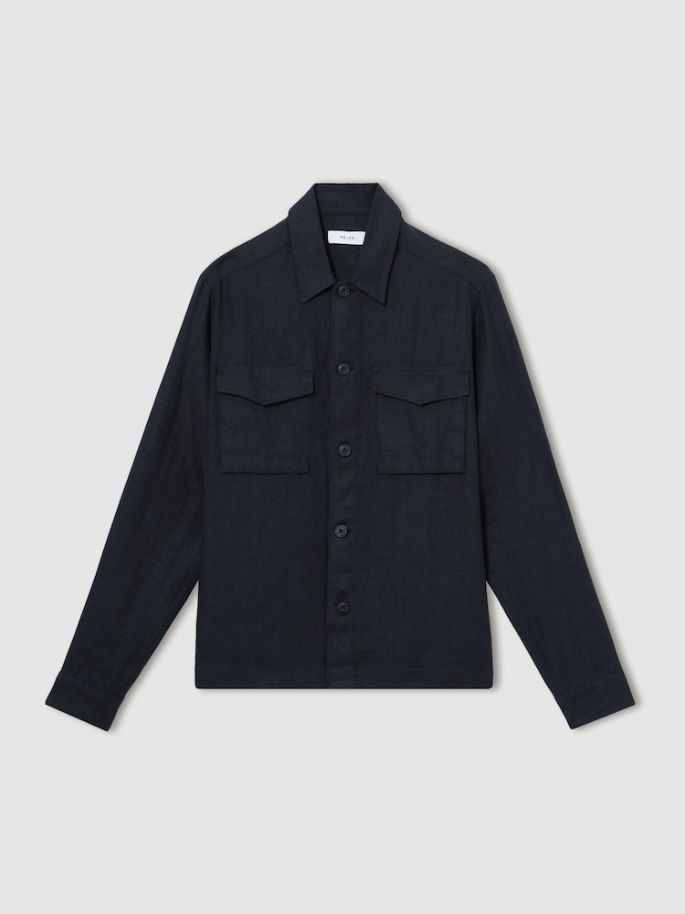 Reiss Navy Eze Linen Twin-Pocket Overshirt - Image 2 of 7