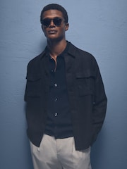 Reiss Navy Eze Linen Twin-Pocket Overshirt - Image 5 of 7