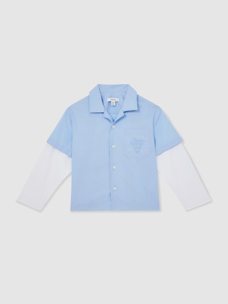 Reiss Blue/White Grayson 13-14 yrs Cotton Motor Cars Dual-Sleeve Shirt - Image 1 of 4 Reiss Blue/White Grayson 13-14 yrs Cotton Motor Cars Dual-Sleeve Shirt - Image 1 of 4