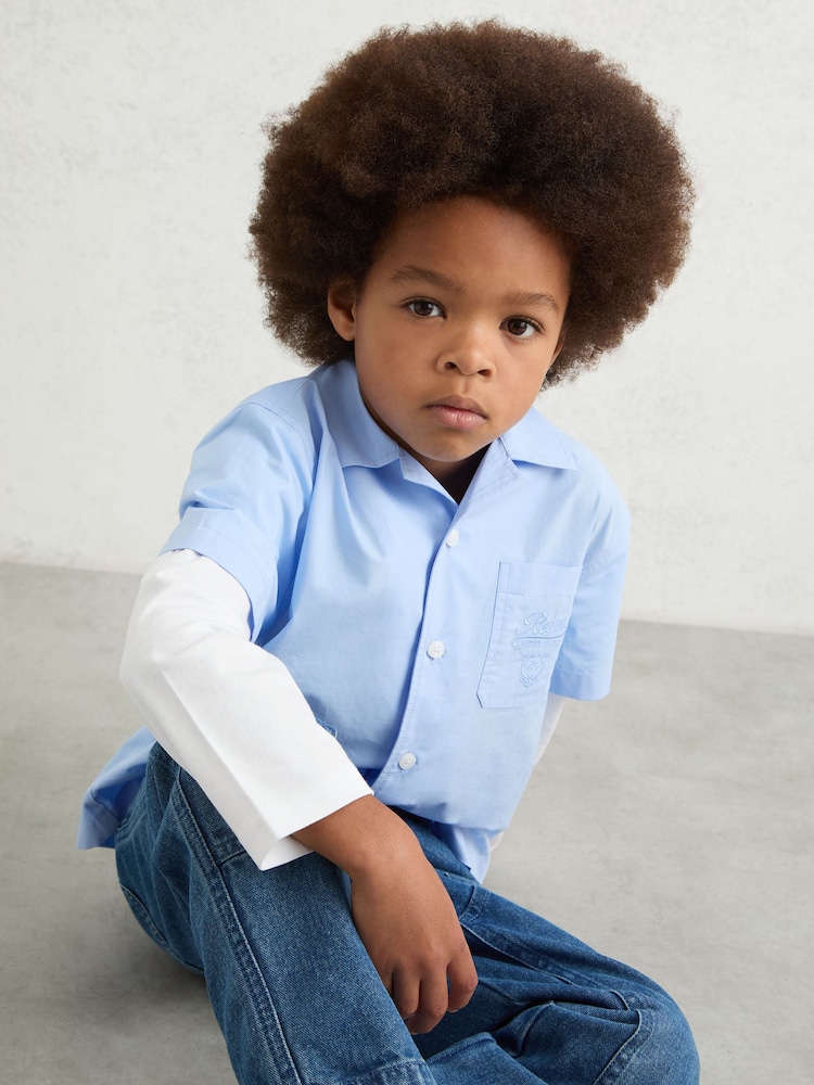 Reiss Blue/White Grayson 13-14 yrs Cotton Motor Cars Dual-Sleeve Shirt - Image 2 of 4 Reiss Blue/White Grayson 13-14 yrs Cotton Motor Cars Dual-Sleeve Shirt - Image 2 of 4