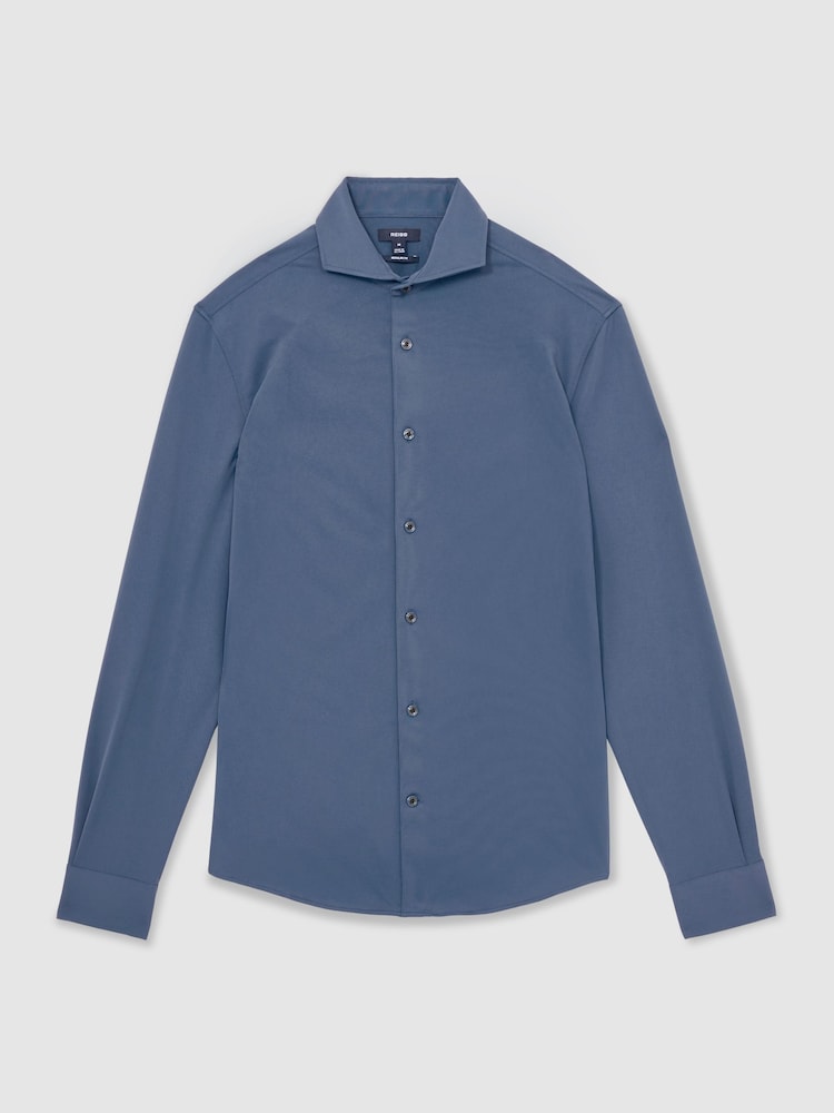 Reiss Dark Airforce Blue Charge Stretch Jersey Cutaway-Collar Shirt - Image 2 of 7