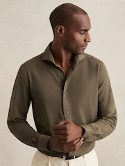 Reiss Olive Green Charge Stretch Jersey Cutaway-Collar Shirt - Image 1 of 7