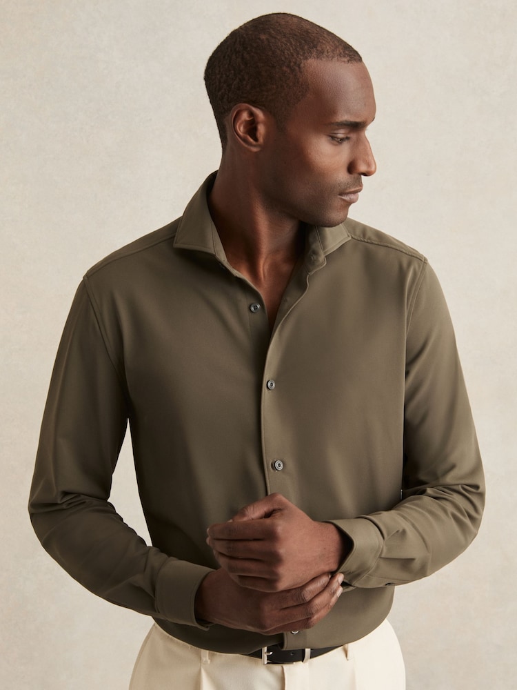 Reiss Olive Green Charge Stretch Jersey Cutaway-Collar Shirt - Image 1 of 7