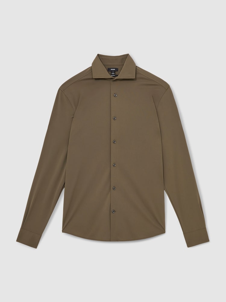 Reiss Olive Green Charge Stretch Jersey Cutaway-Collar Shirt - Image 2 of 7