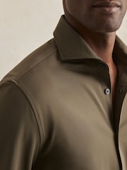 Reiss Olive Green Charge Stretch Jersey Cutaway-Collar Shirt - Image 4 of 7