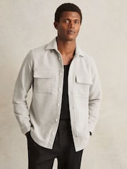 Reiss Soft Grey Melange Camber Moleskin-Cotton Twin-Pocket Overshirt - Image 1 of 7