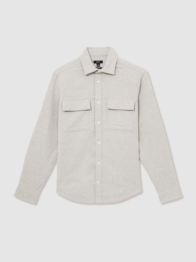 Reiss Soft Grey Melange Camber Moleskin-Cotton Twin-Pocket Overshirt - Image 2 of 7
