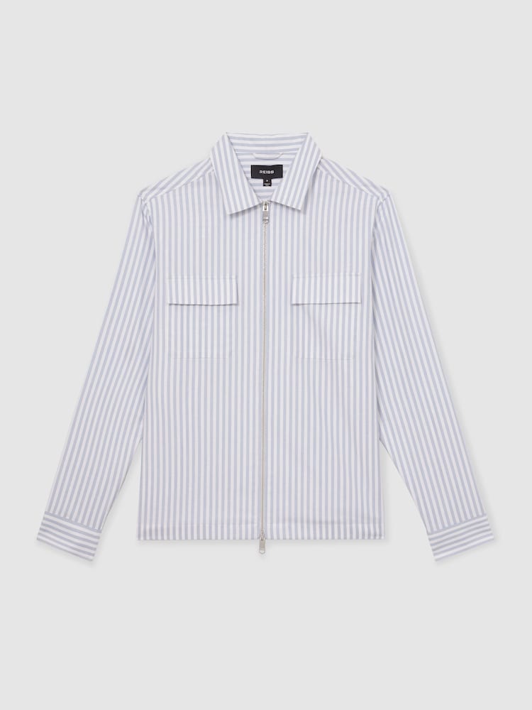 Reiss White/Soft Blue Palina Cotton Stripe Zip-Through Shirt - Image 2 of 7