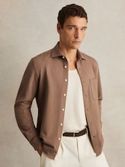 Reiss Camel Kappo Cotton-Twill Cutaway-Collar Overshirt - Image 1 of 6