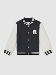 Reiss Navy/ Off White Arkan 13-14 yrs Colour-Block Varsity Bomber Jacket - Image 1 of 4