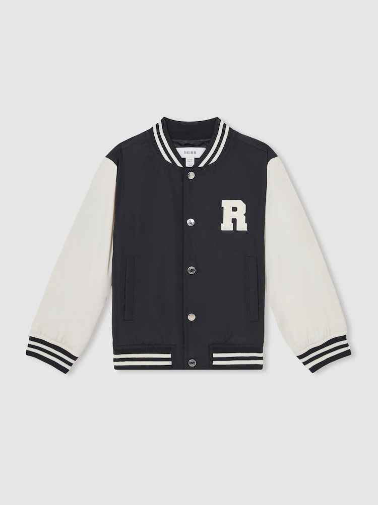 Reiss Navy/ Off White Arkan 13-14 yrs Colour-Block Varsity Bomber Jacket - Image 1 of 4