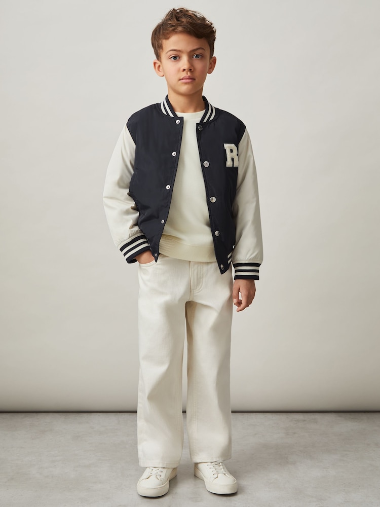 Reiss Navy/ Off White Arkan 13-14 yrs Colour-Block Varsity Bomber Jacket - Image 2 of 4
