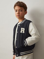 Reiss Navy/ Off White Arkan 13-14 yrs Colour-Block Varsity Bomber Jacket - Image 3 of 4