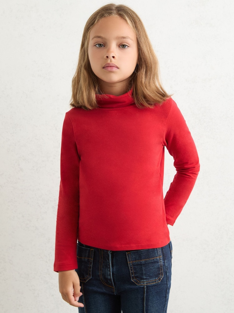 Reiss Red Carey 9-13 yrs Cotton-Jersey Roll-Neck Top with Stretch - Image 1 of 4