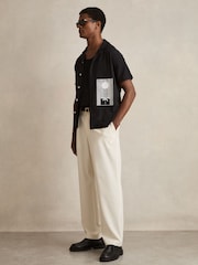 Reiss Black Coast Graphic Print Cuban-Collar Shirt - Image 1 of 6