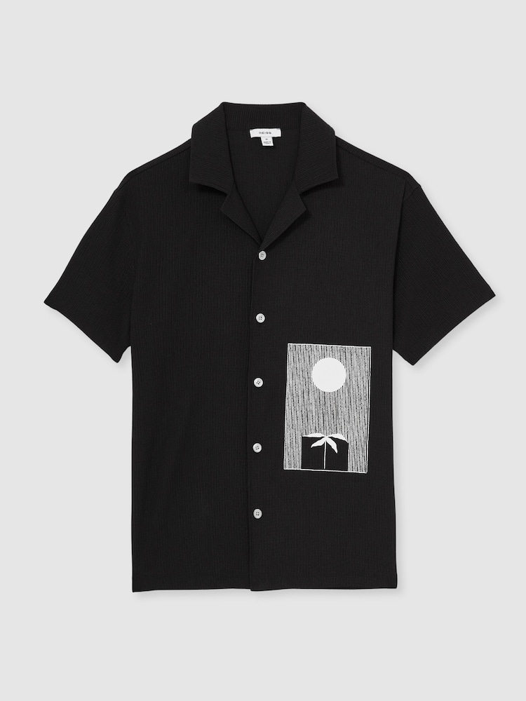 Reiss Black Coast Graphic Print Cuban-Collar Shirt - Image 2 of 6