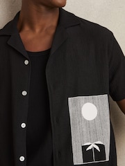 Reiss Black Coast Graphic Print Cuban-Collar Shirt - Image 4 of 6