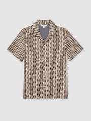 Reiss Tobacco Brown Vallata Zig-Zag Knit Cuban-Collar Shirt - Image 2 of 6