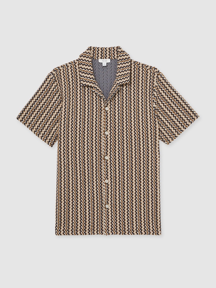 Reiss Tobacco Brown Vallata Zig-Zag Knit Cuban-Collar Shirt - Image 2 of 6