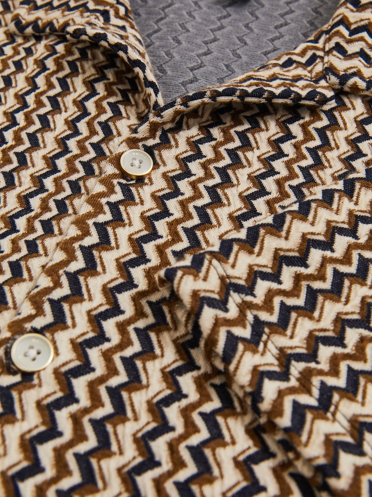 Reiss Tobacco Brown Vallata Zig-Zag Knit Cuban-Collar Shirt - Image 6 of 6