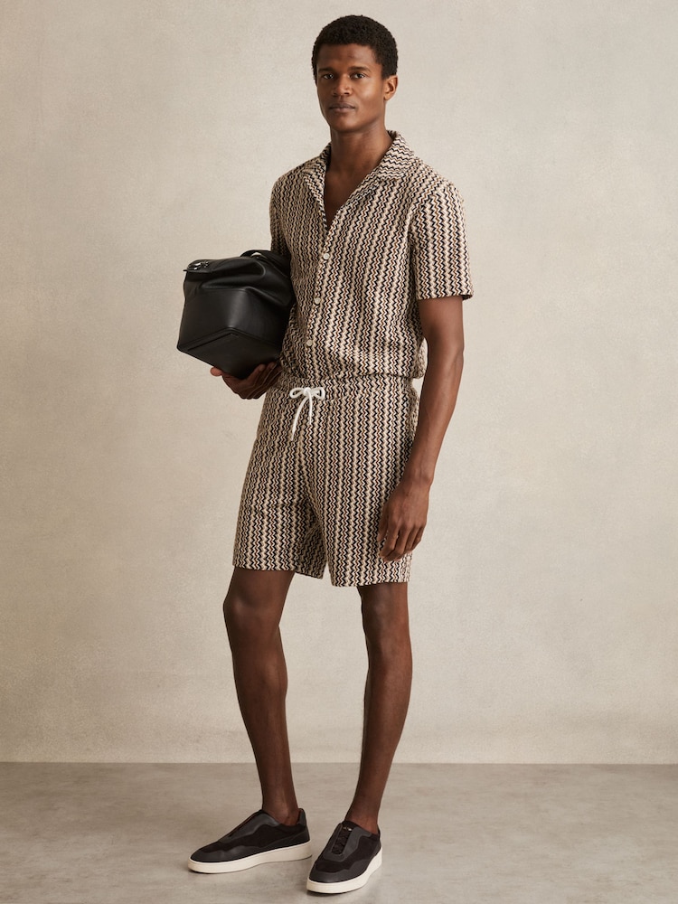 Reiss Tobacco Brown Teti Zig-Zag Knit Drawstring Shorts - Image 1 of 6