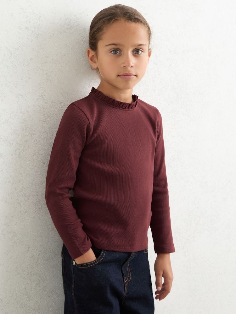 Reiss Burgundy Flora 3-9 yrs Stretch-Cotton Ruffle-Neck Top - Image 1 of 5