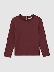 Reiss Burgundy Flora 3-9 yrs Stretch-Cotton Ruffle-Neck Top - Image 2 of 5