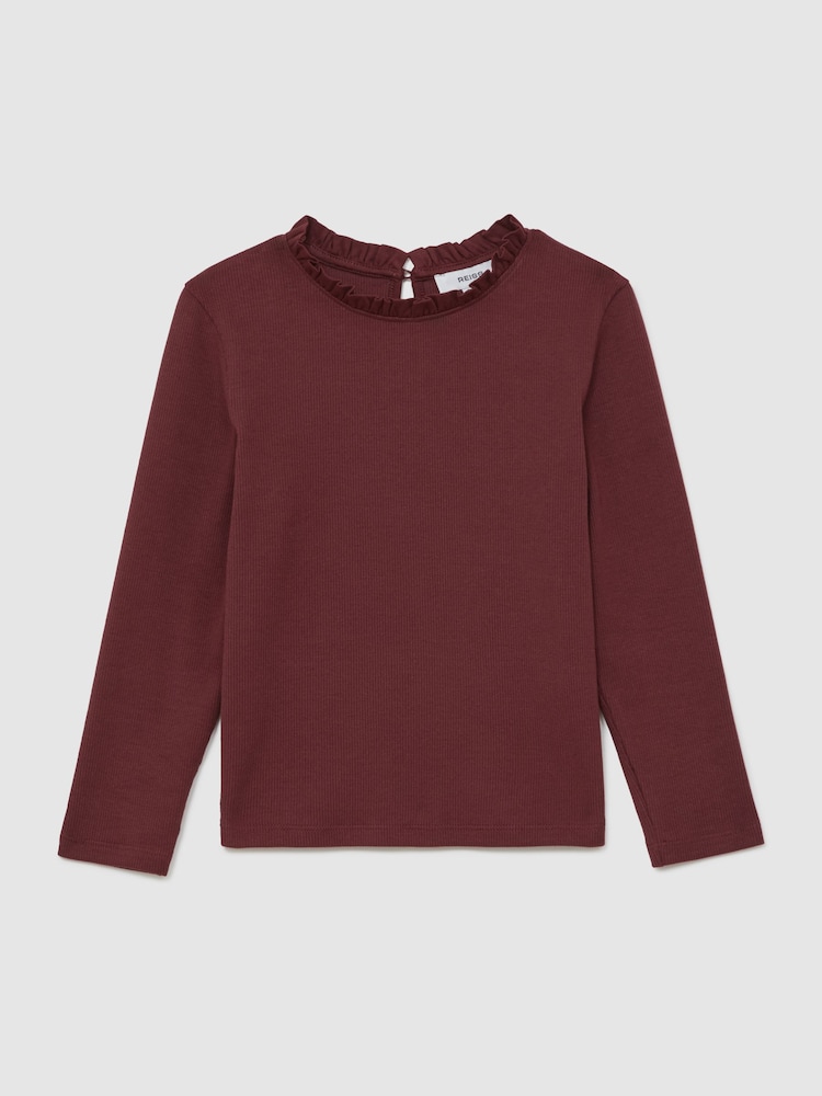Reiss Burgundy Flora 3-9 yrs Stretch-Cotton Ruffle-Neck Top - Image 2 of 5