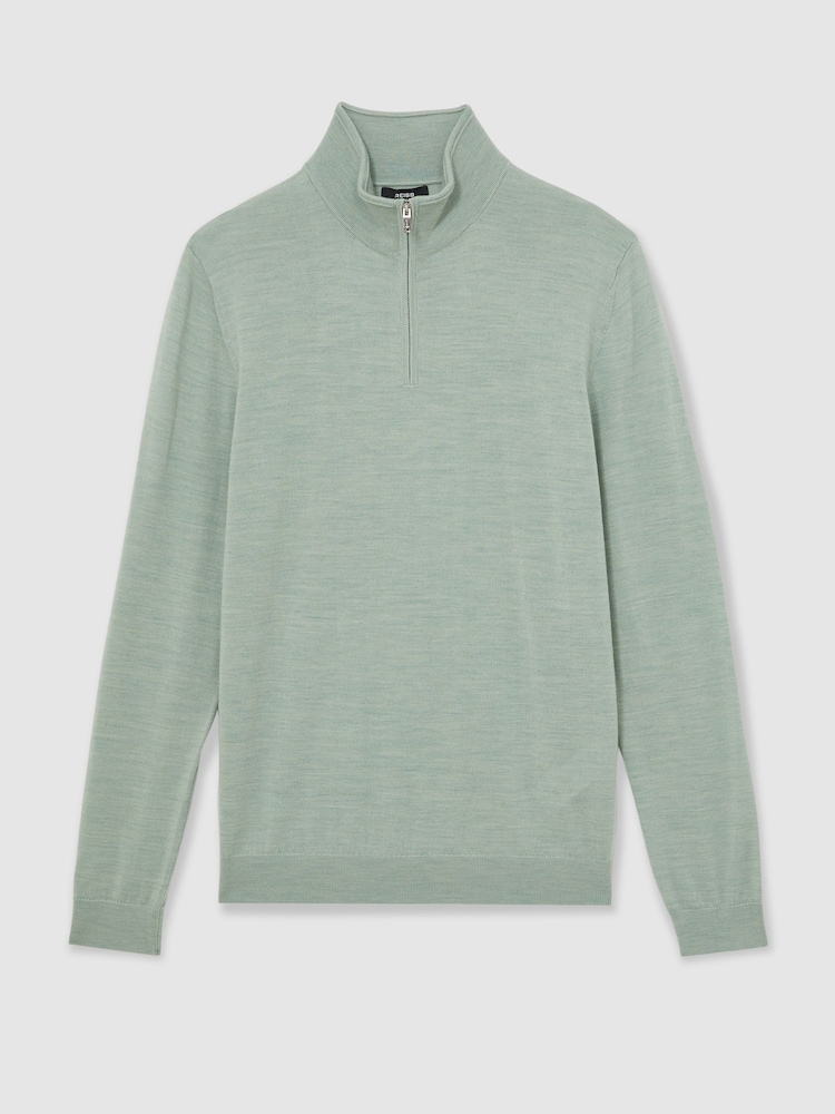 Reiss Sage Green Melange Blackhall Merino Wool Half Zip Jumper - Image 2 of 6