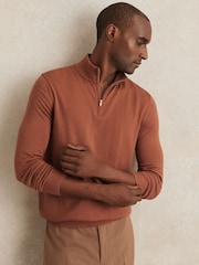 Reiss Cinnamon Brown Blackhall Merino Wool Half Zip Jumper - Image 1 of 6
