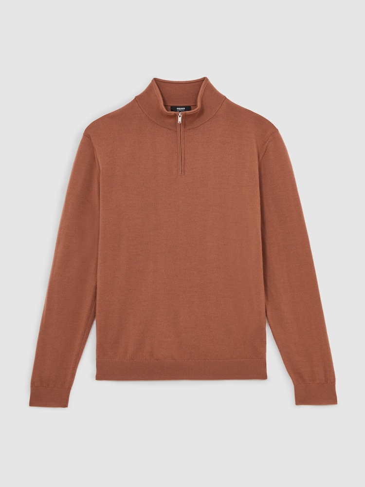 Reiss Cinnamon Brown Blackhall Merino Wool Half Zip Jumper - Image 2 of 6