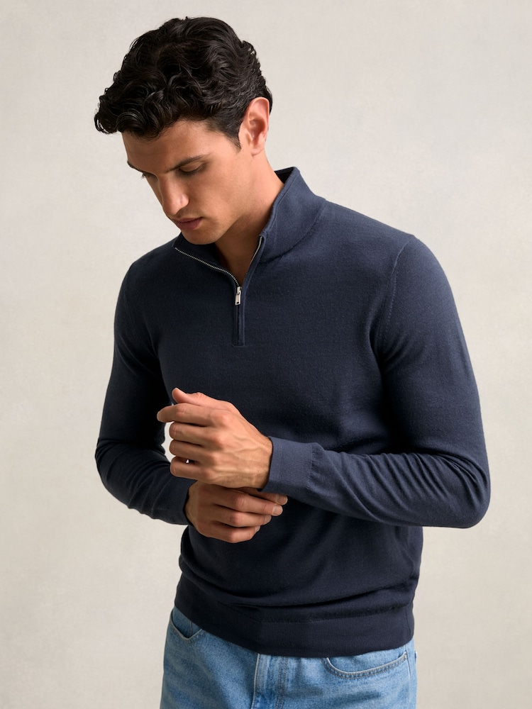 Reiss Midnight Navy Blackhall Merino Wool Half-Zip Jumper - Image 1 of 5