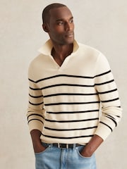 Reiss Warm Stone/Black Ingram Cotton Blend Stripe Knit Polo Shirt - Image 1 of 5