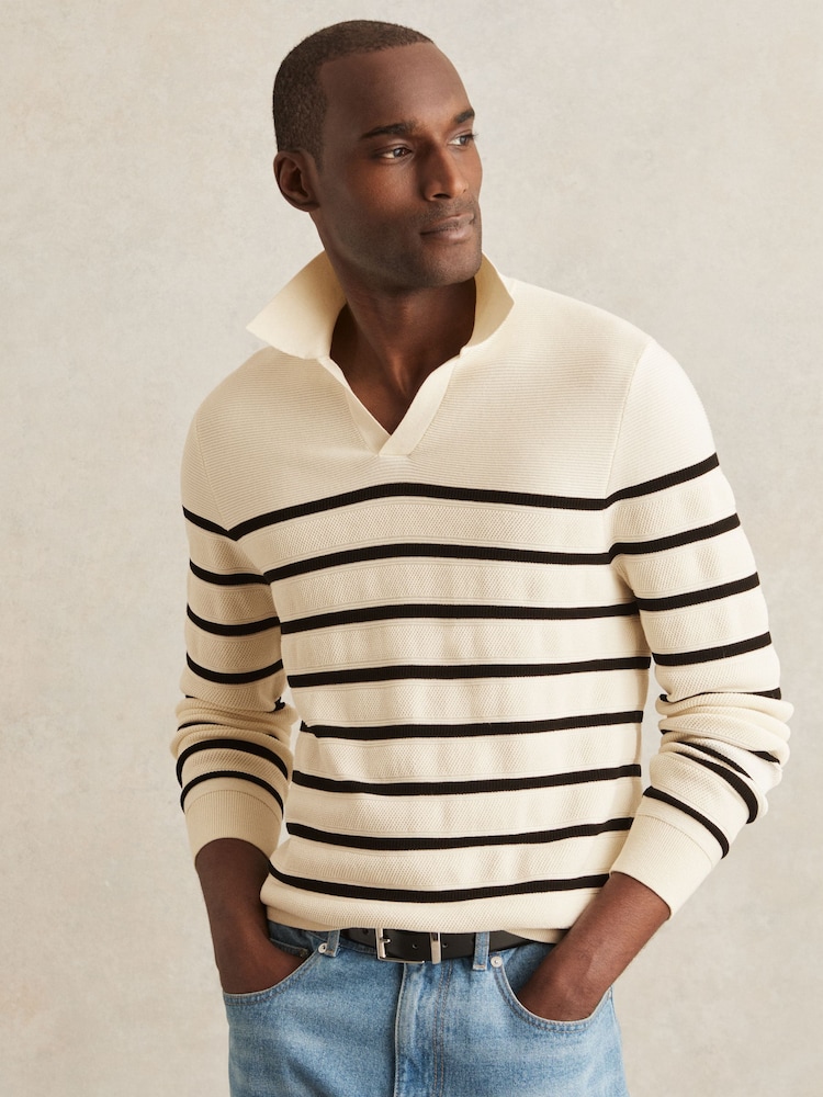 Reiss Warm Stone/Black Ingram Cotton Blend Stripe Knit Polo Shirt - Image 1 of 5