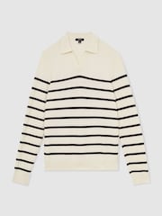 Reiss Warm Stone/Black Ingram Cotton Blend Stripe Knit Polo Shirt - Image 2 of 5