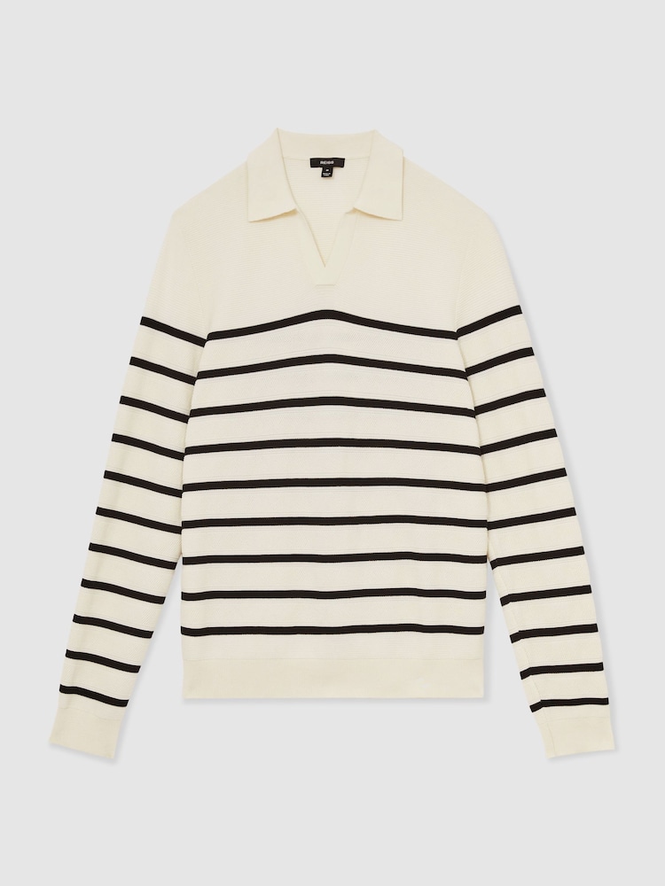 Reiss Warm Stone/Black Ingram Cotton Blend Stripe Knit Polo Shirt - Image 2 of 5