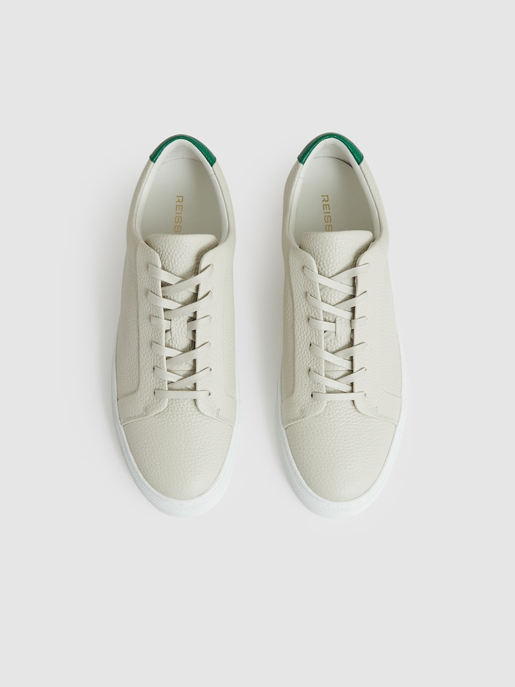Reiss Off White/Green Luca Tumbled-Leather Low-Top Trainers - Image 2 of 4